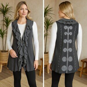 Nic + Zoe Sweater Vest Women's Medium Grey Ruffled Embroidered Boho Art-To-Wear